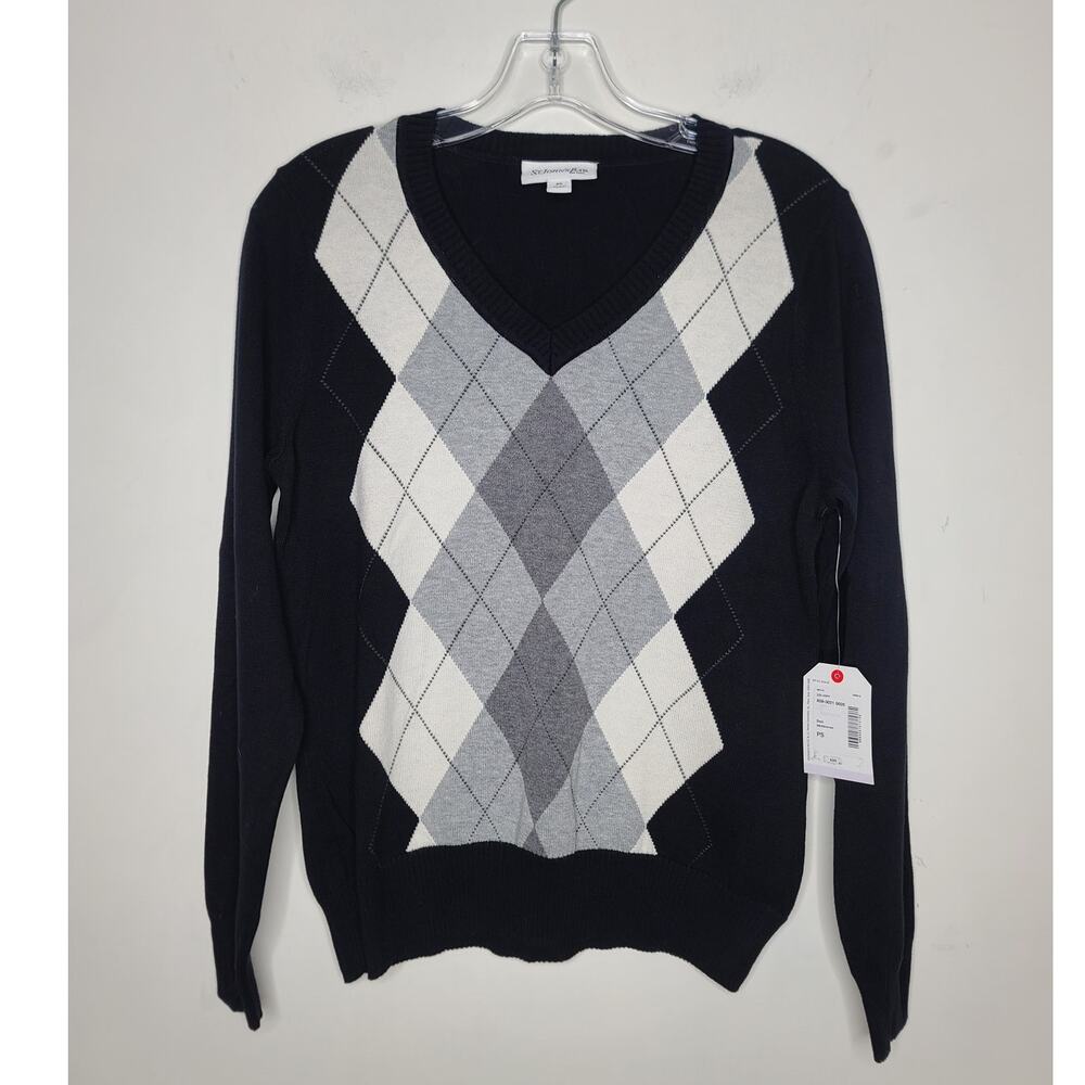 NWT St John's Bay black white grey argyle plaid cotton v-neck sweater small pet